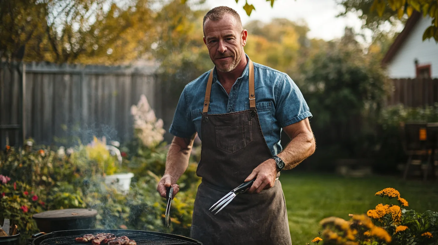 Midcent: En medelålders man grillar i en grönskande trädgård. Han bär ett förkläde och använder grillverktyg, omgiven av blommor och buskar. Perfekt för en avslappnad utomhusmiddag. Kategori: Mat.