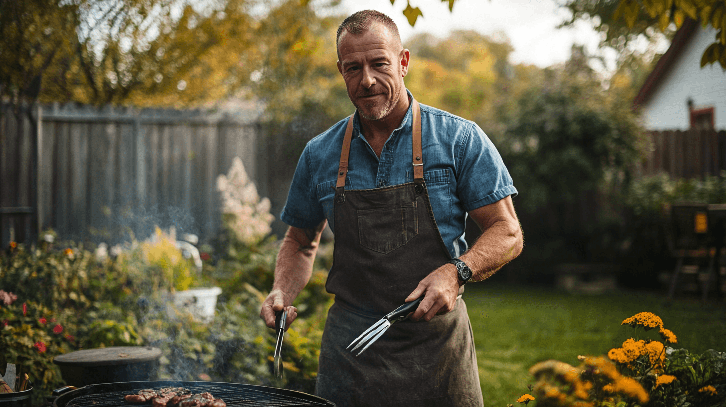 Midcent: En medelålders man grillar i en grönskande trädgård. Han bär ett förkläde och använder grillverktyg, omgiven av blommor och buskar. Perfekt för en avslappnad utomhusmiddag. Kategori: Mat.