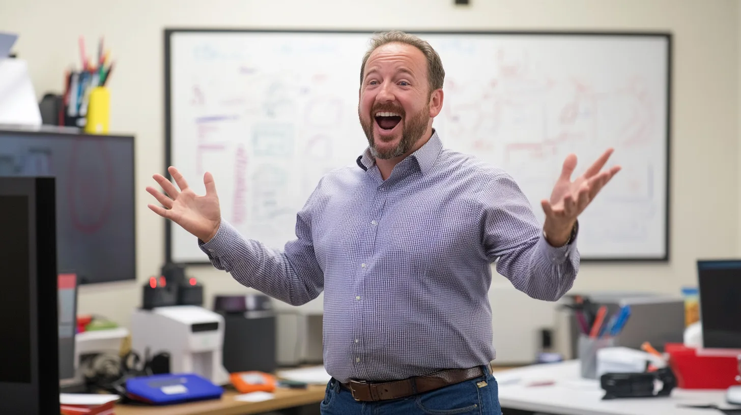 Midcent: En entusiastisk man står i ett kontorsmiljö, omgiven av teknik och whiteboards. Hans utstrålning förmedlar glädje och inspiration, vilket betonar en engagerad och positiv arbetskultur. Kategori: Samhälle.