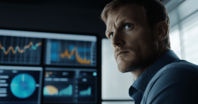 Midcent: En medelålders man analyserar datagrafik på flera skärmar i ett modernt kontor. Bilden förmedlar fokus och teknikdriven strategi för affärsframgång. Kategori: Ekonomi.