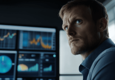 Midcent: En medelålders man analyserar datagrafik på flera skärmar i ett modernt kontor. Bilden förmedlar fokus och teknikdriven strategi för affärsframgång. Kategori: Ekonomi.