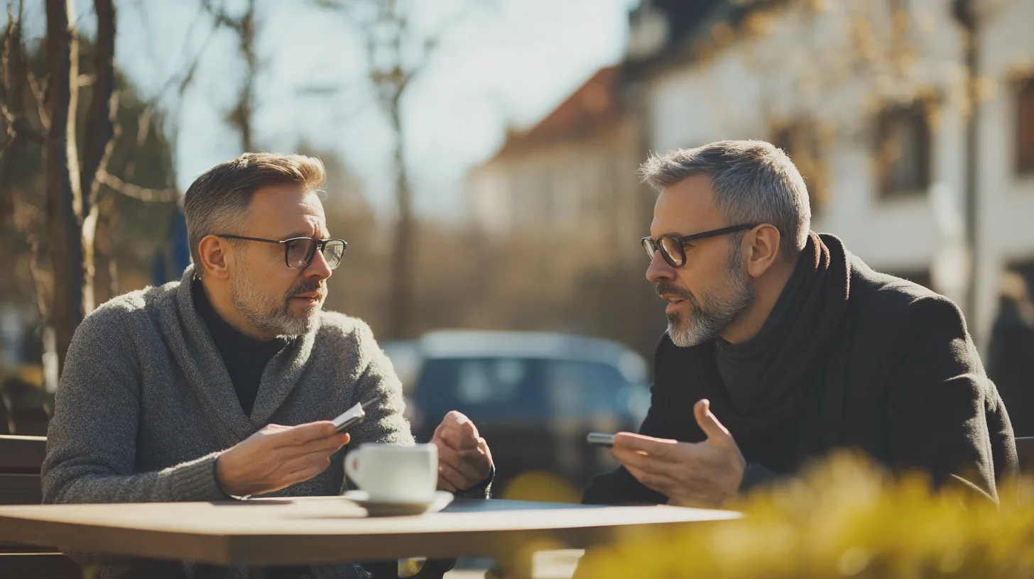Midcent: Två män i mittlivsåldern diskuterar vid ett kafébord utomhus, omgivna av höstlöv. De delar idéer över kaffe i en avslappnad miljö, vilket visar betydelsen av samtal och gemenskap. Kategori: Samhälle.