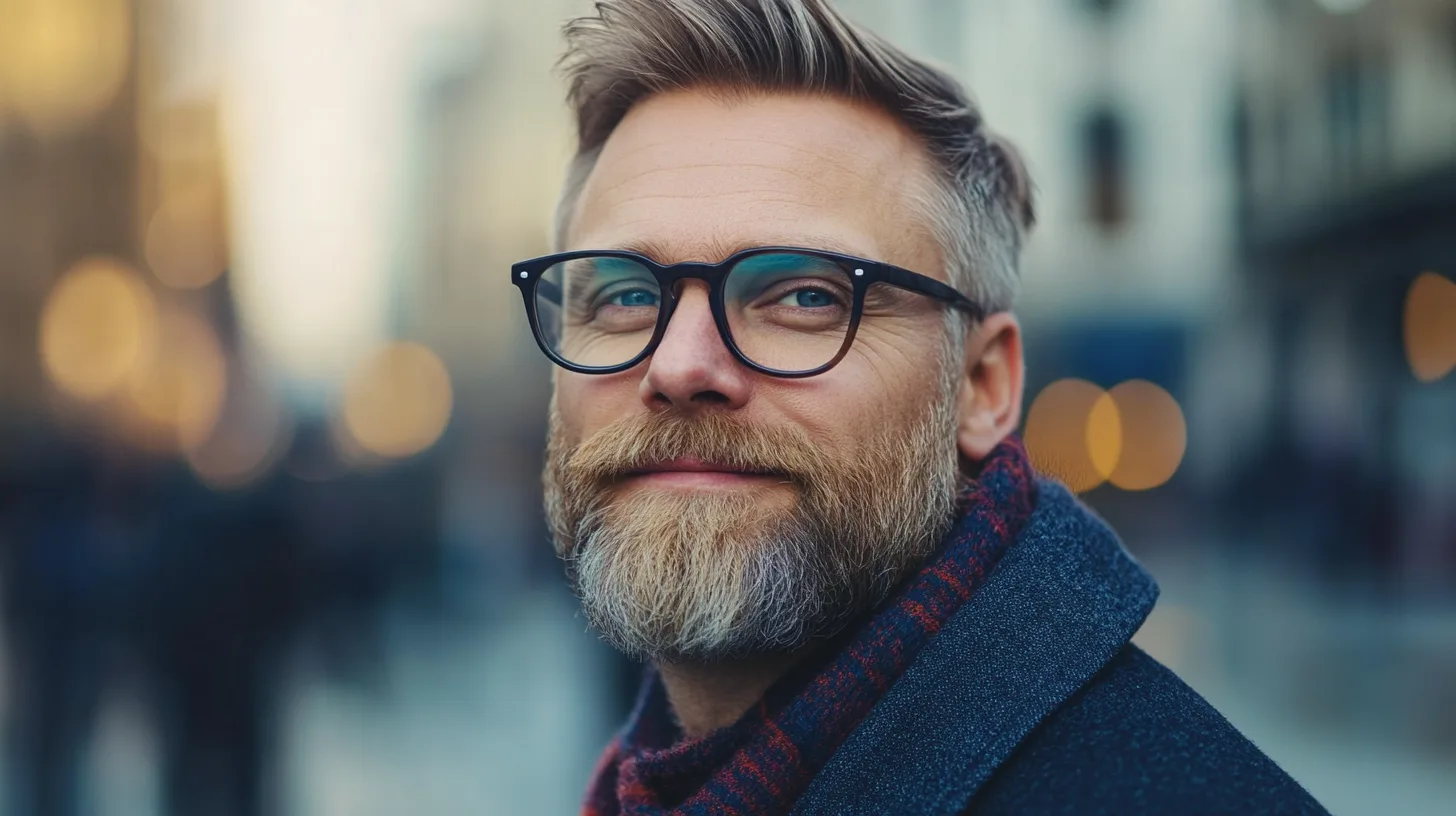 Jag vet inte vem personen på bilden är. Den föreställer en man med glasögon och skägg, klädd i en vinterscarf i en urban miljö med bokeh-effekt. Midcent, kategori: Samhälle.