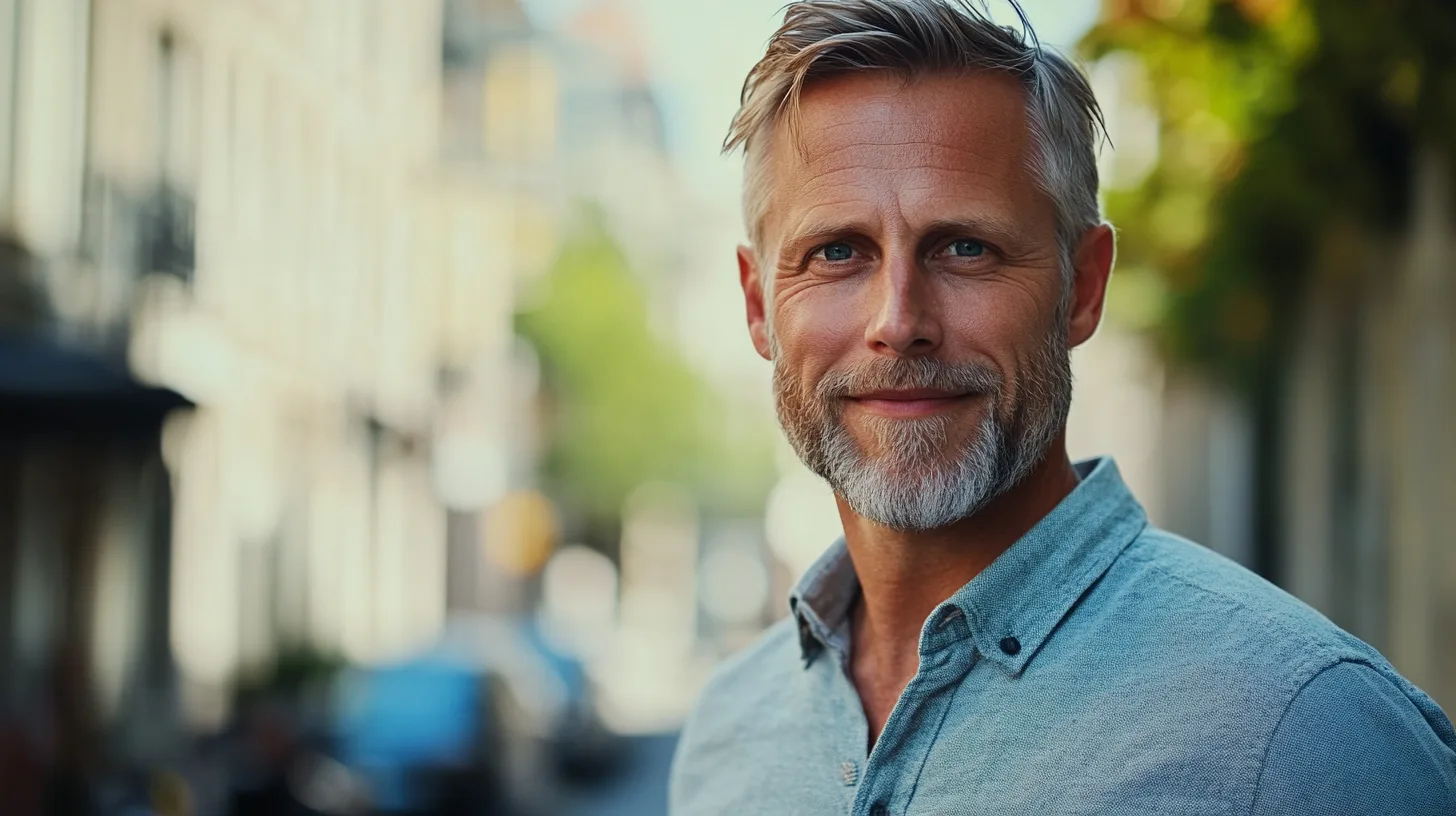 Jag känner inte igen personen på bilden. Midcent: Samhälle. Attraktiv man med grått skägg ler på en stadsgata. Harmoniskt ljus och mjuka färger skapar en lugn och inbjudande atmosfär. Perfekt för artiklar om livsstil och samhälle.