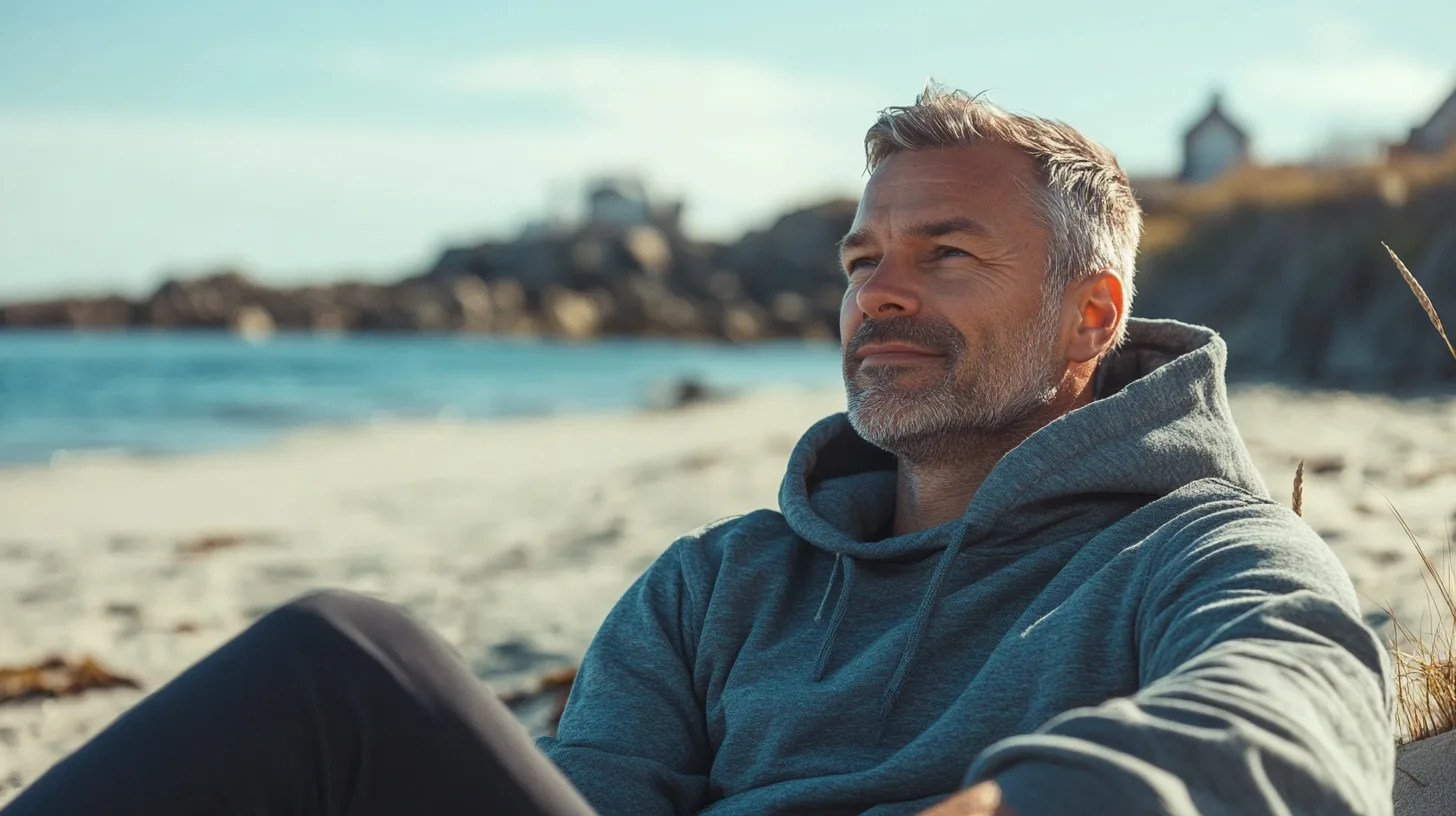 Midcent: En man njuter av solig dag på stranden, klädd i en avslappnad tröja. Perfekt för avkoppling och mental återhämtning vid havet. Idealisk för artiklar om mindfulness och livsstil. Kategori: Hälsa.