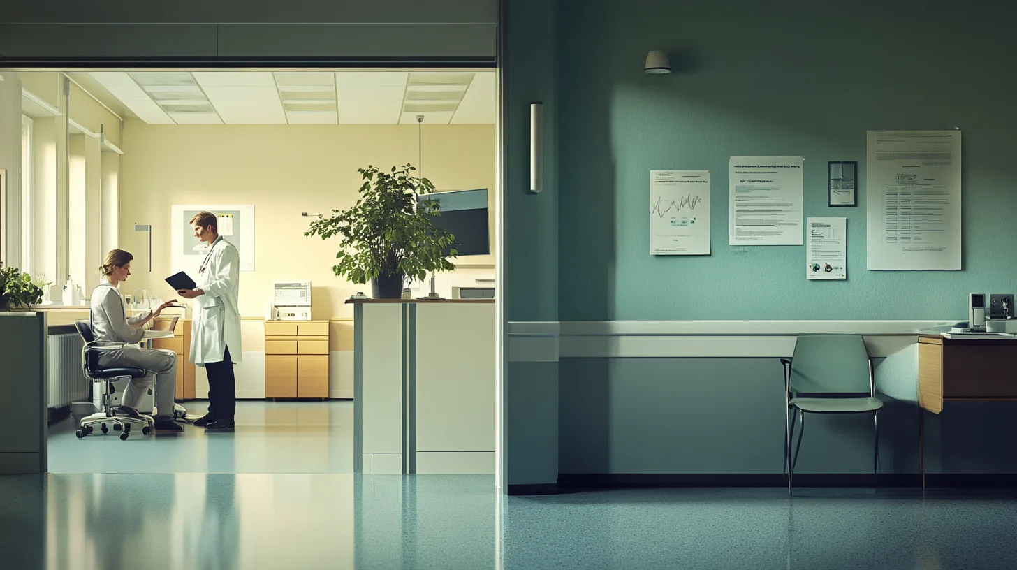 Midcent - Hälsa. En manlig läkare i vit rock samtalar med en kvinna i en klinisk miljö. Bakgrunden visar medicinska affischer och modern inredning. Fokus på professionell hälsovård och patientkommunikation.