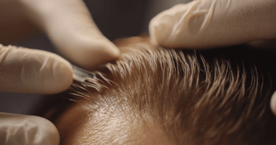 Midcent: En professionell hårtransplantation visas där ett par händer i handskar noggrant följer en process på en persons huvud för att främja hårväxt och estetik. Nyckelord: hårtransplantation, procedur, estetik, vård. Kategori: Hälsa.