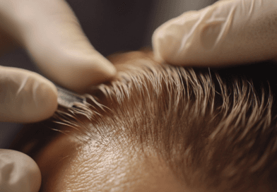 Midcent: En professionell hårtransplantation visas där ett par händer i handskar noggrant följer en process på en persons huvud för att främja hårväxt och estetik. Nyckelord: hårtransplantation, procedur, estetik, vård. Kategori: Hälsa.