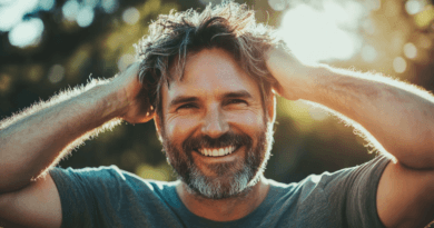 Midcent: En glad medelålders man står utomhus i solljuset, klädd i en enkel grå t-shirt, med händerna i håret och ett stort leende. Natur och glädjeig miljö. Kategori: Samhälle.