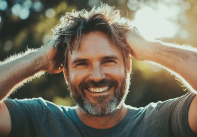 Midcent: En glad medelålders man står utomhus i solljuset, klädd i en enkel grå t-shirt, med händerna i håret och ett stort leende. Natur och glädjeig miljö. Kategori: Samhälle.
