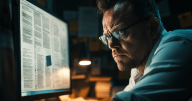 Midcent: En medelålders man koncentrerar sig på datorarbete i ett dunkelt rum. Fokuserad och analytisk blick, symboliserar noggrant arbete och engagemang. Perfekt bild av dedikation och noggrannhet.Kategori: Teknik.