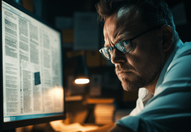 Midcent: En medelålders man koncentrerar sig på datorarbete i ett dunkelt rum. Fokuserad och analytisk blick, symboliserar noggrant arbete och engagemang. Perfekt bild av dedikation och noggrannhet.Kategori: Teknik.