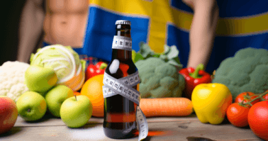 Midcent – Bilden visar en ölmage omgiven av hälsosamma grönsaker, med en måttband runt flaskan. Detta symboliserar balansen mellan njutning och hälsa. I bakgrunden syns en svensk flagga. Kategori: Hälsa.