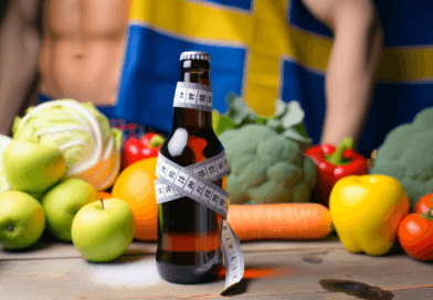 Midcent – Bilden visar en ölmage omgiven av hälsosamma grönsaker, med en måttband runt flaskan. Detta symboliserar balansen mellan njutning och hälsa. I bakgrunden syns en svensk flagga. Kategori: Hälsa.