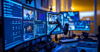 Midcent Teknik: En modern streaming- och innehållsskaparstudio med flera skärmar, mikrofon och avancerad teknik för videoredigering. Perfekt för professionell livestreaming och digital produktion.