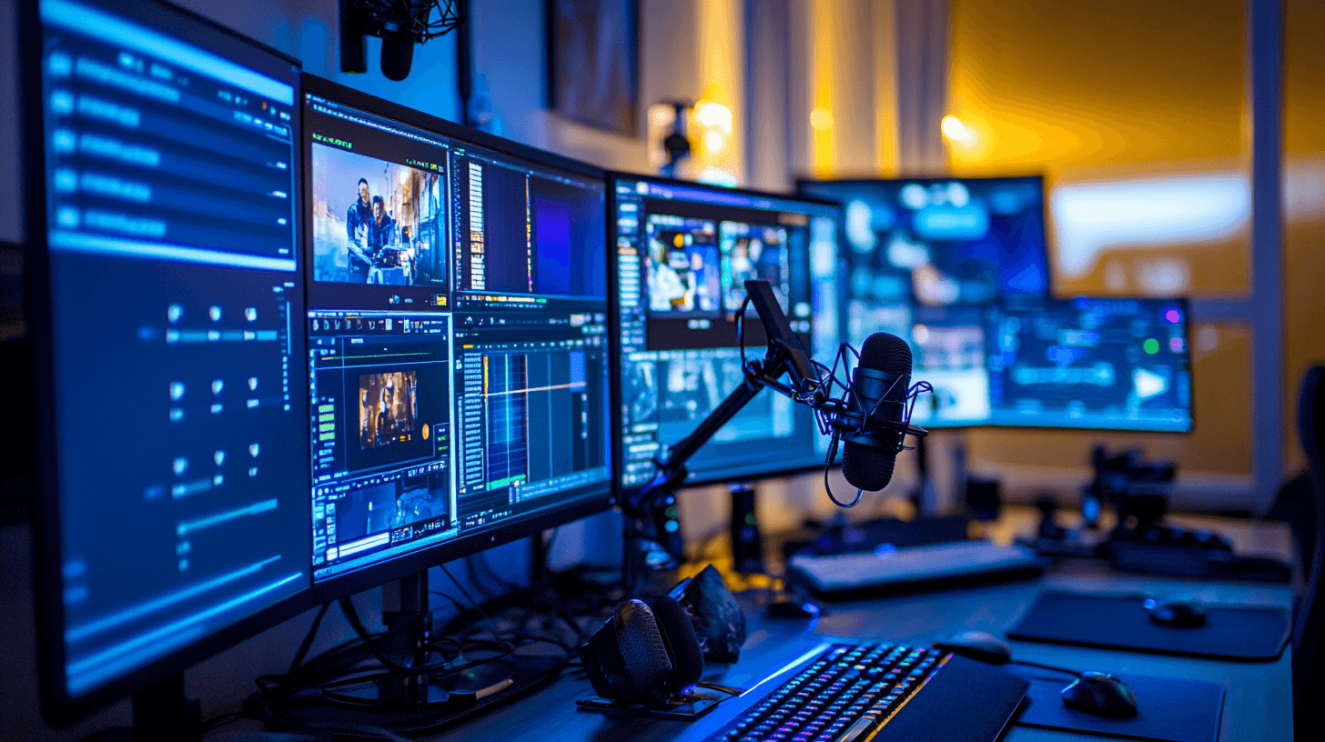 Midcent Teknik: En modern streaming- och innehållsskaparstudio med flera skärmar, mikrofon och avancerad teknik för videoredigering. Perfekt för professionell livestreaming och digital produktion.