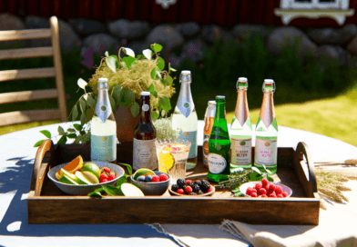 Midcent Mat: Fräsch sommardrink med mynta och frukt i solskenet, placerad på träbord med grönskande trädgård och blommor i bakgrunden - den perfekta bilden av svalka och natur.