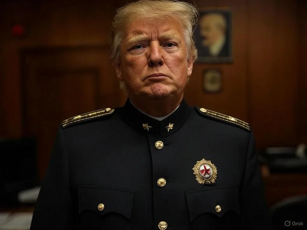 Midcent: Samhälle. En medelålders man i uniform med medaljer står i ett träpanelerat rum. Detaljerad klädsel och formell atmosfär framhävs, vilket skapar en känsla av auktoritet och disciplin.