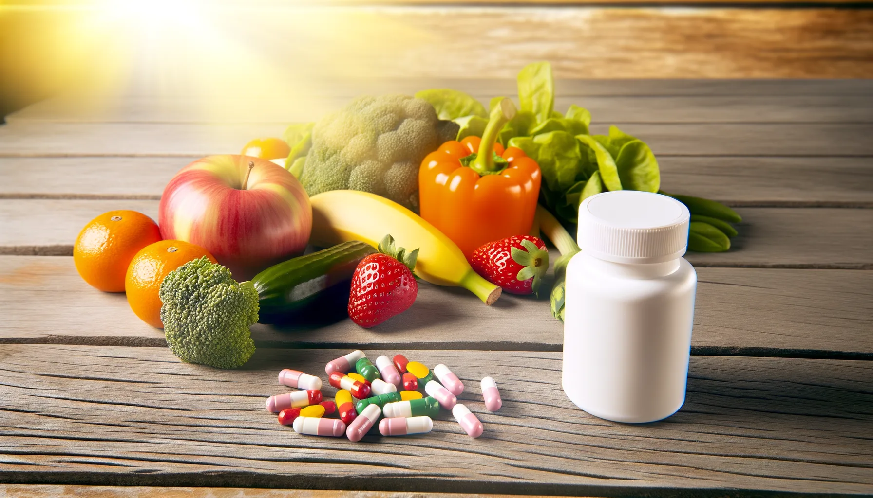 Midcent – Bild av färsk frukt, grönsaker, vitamintillskott bredvid en vit flaska. Reflekterar balansen mellan naturlig och tillskottsbaserad hälsa. Perfekt för artiklar om näring och välmående. Kategori: Hälsa.