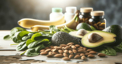 Midcent Mat: En näringsrik samling av avokado, mandlar, bananer och spenat bredvid kosttillskott. Perfekt för en hälsosam livsstil och balanserad kost. Främjar välbefinnande med färska och vitaminrika ingredienser. Härligt för både