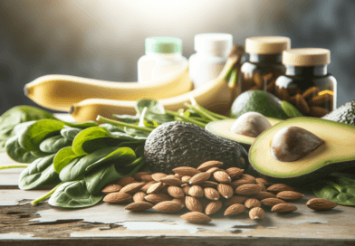 Midcent Mat: En näringsrik samling av avokado, mandlar, bananer och spenat bredvid kosttillskott. Perfekt för en hälsosam livsstil och balanserad kost. Främjar välbefinnande med färska och vitaminrika ingredienser. Härligt för både