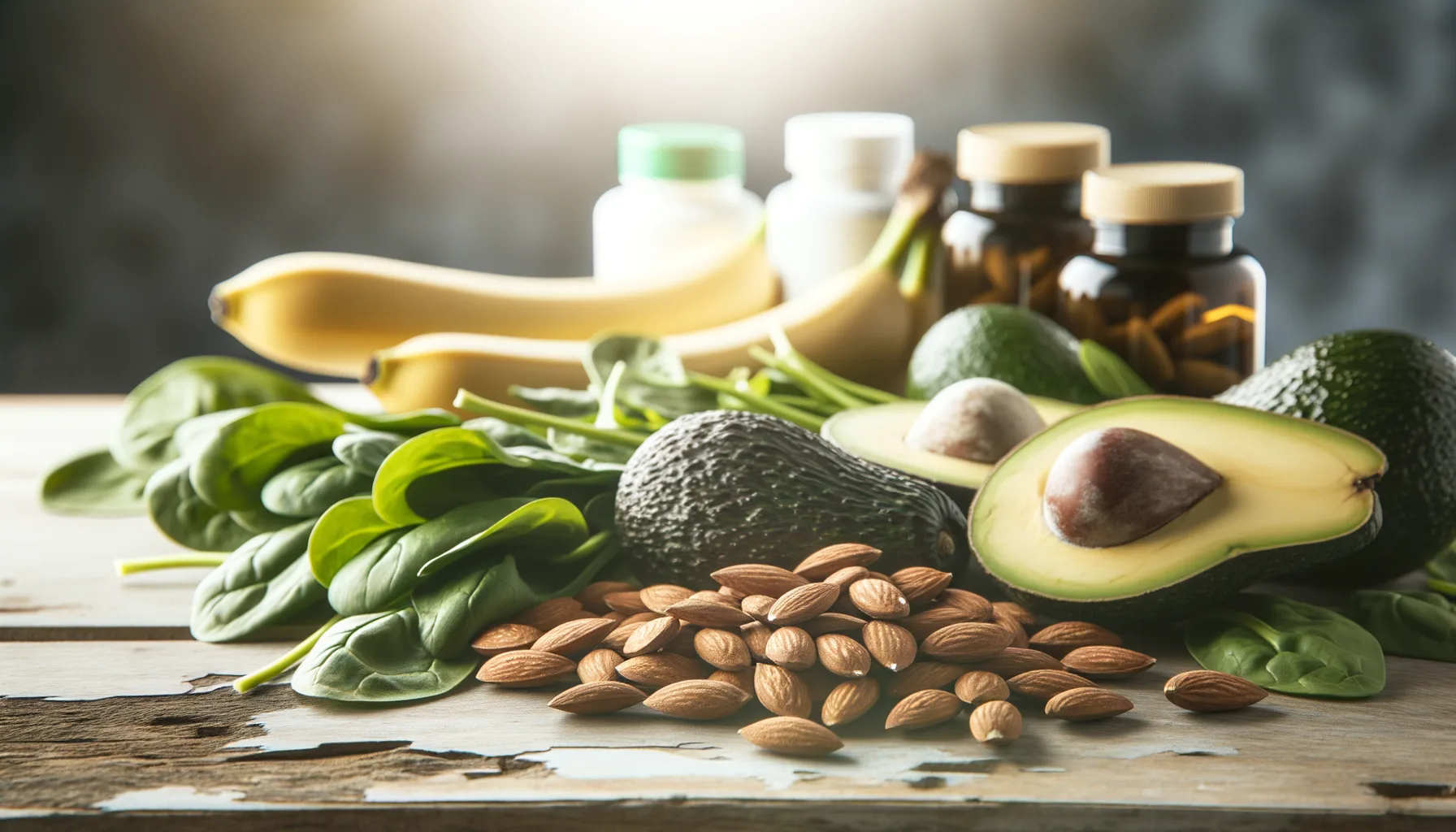 Midcent Mat: En näringsrik samling av avokado, mandlar, bananer och spenat bredvid kosttillskott. Perfekt för en hälsosam livsstil och balanserad kost. Främjar välbefinnande med färska och vitaminrika ingredienser. Härligt för både