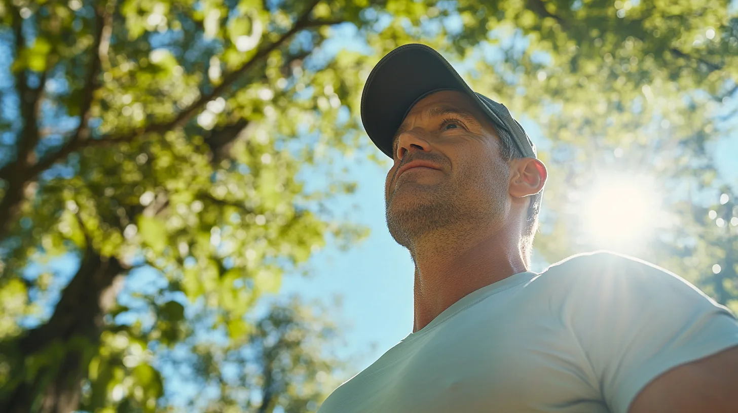 En medelålders man under en solig dag i naturen, där grönska och solljus skapar en harmonisk atmosfär. Bilden fångar känslan av att vara ute i det fria. Midcent – Hälsa.