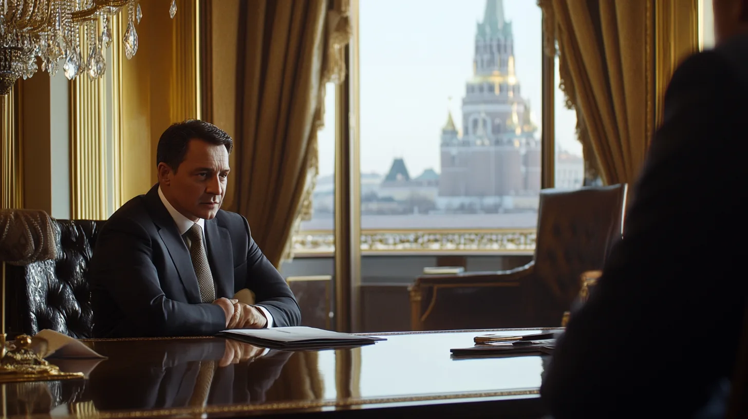 Midcent: En medelålders man i kostym sitter vid ett elegant skrivbord med utsikt över Moskva, vilket signalerar en miljö av makt och affärer. Ekonomi.