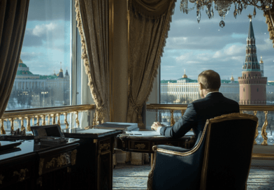 En medelålders man sitter vid ett skrivbord med utsikt över Kreml, omgiven av lyxiga inredningsdetaljer. Bilden förmedlar en känsla av makt och beslutsfattande.Midcent: Samhälle.