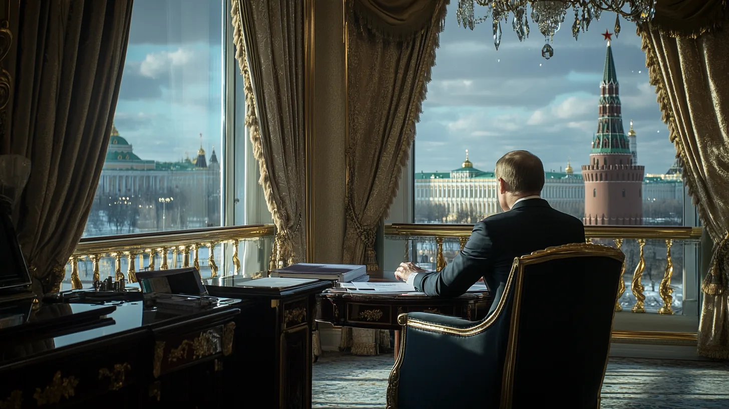 En medelålders man sitter vid ett skrivbord med utsikt över Kreml, omgiven av lyxiga inredningsdetaljer. Bilden förmedlar en känsla av makt och beslutsfattande.Midcent: Samhälle.