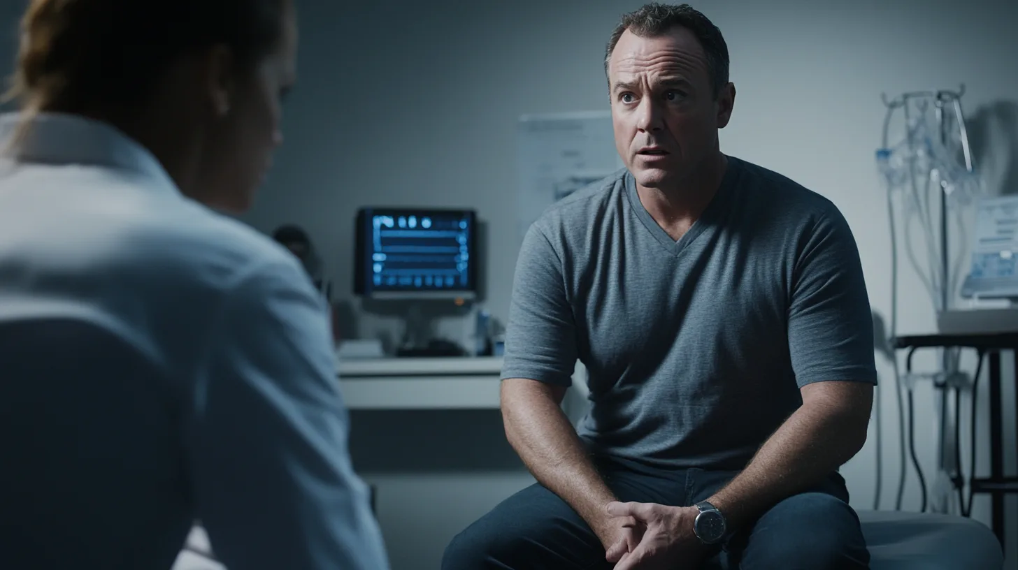 Midcent: En medelålders man sitter i ett kliniskt rum, samtalar med en läkare framför medicinsk utrustning. Patienten ser bekymrad och fundersam ut, vilket skapar en atmosfär av allvar och vård. Kategori: Hälsa.