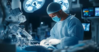 Midcent: En medelålders man i operationssal, klädd i kirurgisk utrustning, använder avancerad teknik för en medicinsk procedur. Steril och högteknologisk miljö belyser precision och skicklighet inom modern kirurgi. Kategori: Hälsa.