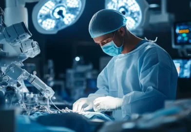 Midcent: En medelålders man i operationssal, klädd i kirurgisk utrustning, använder avancerad teknik för en medicinsk procedur. Steril och högteknologisk miljö belyser precision och skicklighet inom modern kirurgi. Kategori: Hälsa.