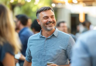 En medelålders man ler glatt i en social utomhusmiljö, omgiven av andra människor. Bilden fångar en avslappnad och positiv atmosfär, vilket speglas i mannens uttryck och kroppsspråk. Perfekt för teman inom samhälle. Midcent. Samhälle.