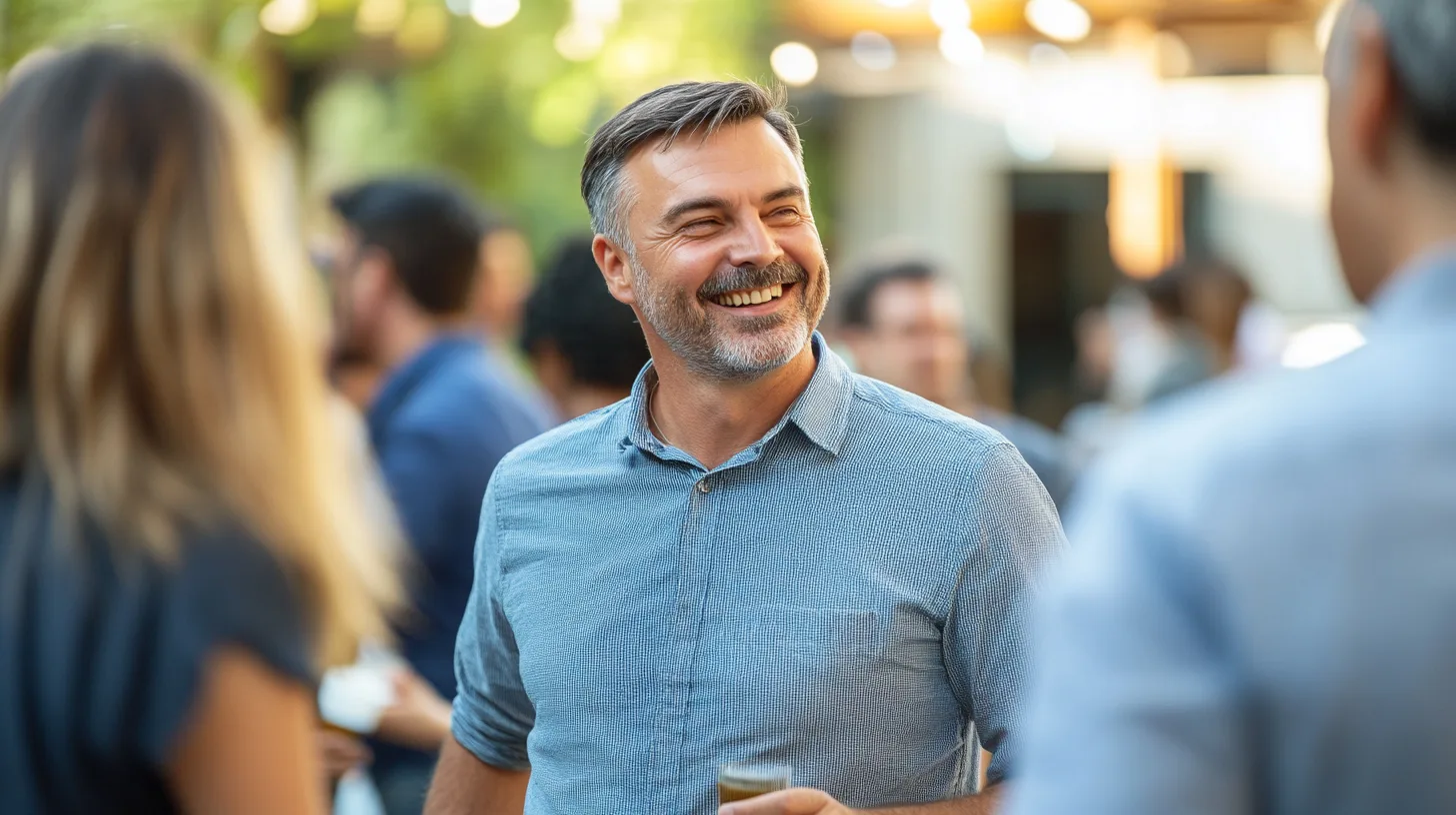 En medelålders man ler glatt i en social utomhusmiljö, omgiven av andra människor. Bilden fångar en avslappnad och positiv atmosfär, vilket speglas i mannens uttryck och kroppsspråk. Perfekt för teman inom samhälle. Midcent. Samhälle.