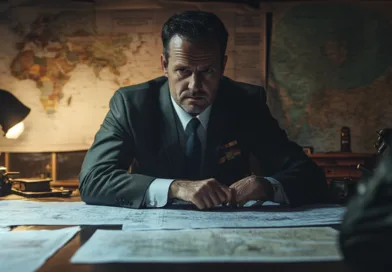 En medelålders man sitter fokuserat vid ett skrivbord fullt av kartor, omgiven av en dämpad belysning. Bakgrunden visar världskartor som förstärker en strategisk atmosfär. Midcent, Samhälle.