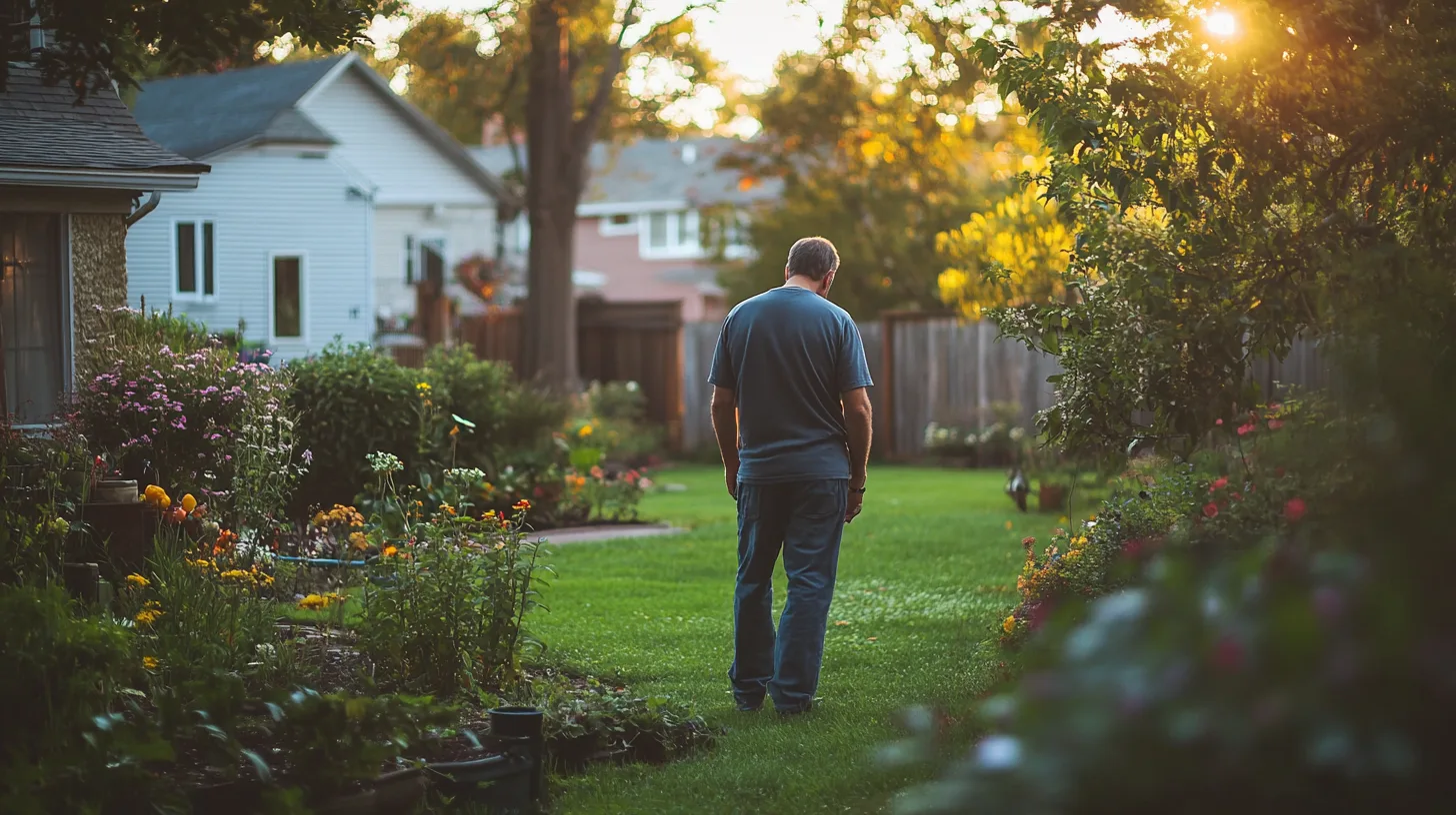 En medelålders man står i en grönskande trädgård omgiven av blommor och träd under en solig dag. Trädgårdsidyllen skapar en harmonisk och avkopplande atmosfär. Midcent kategori: Trädgård.