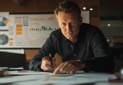 Midcent: En medelålders man analyserar data och diagram i ett kontor för att fatta strategiska beslut. Fokuserad på statistik och rapporter för effektiv verksamhetsstyrning. Ekonomi.