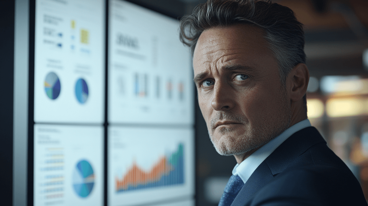 Midcent: En medelålders man framför affärsdiagram med fokus på analyser och presentationer. Bilden reflekterar professionell insikt och affärsstrategier. Perfekt för artiklar om marknadsanalys. Kategori: Ekonomi.