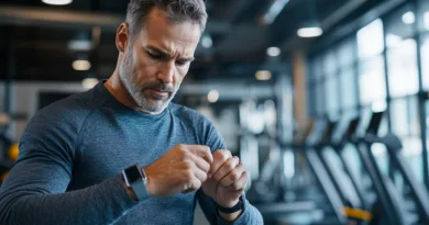 En medelålders man fokuserar på sin smartklocka under ett träningspass i ett gym. Midcent. Kategori: Hälsa.