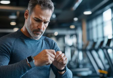 En medelålders man fokuserar på sin smartklocka under ett träningspass i ett gym. Midcent. Kategori: Hälsa.