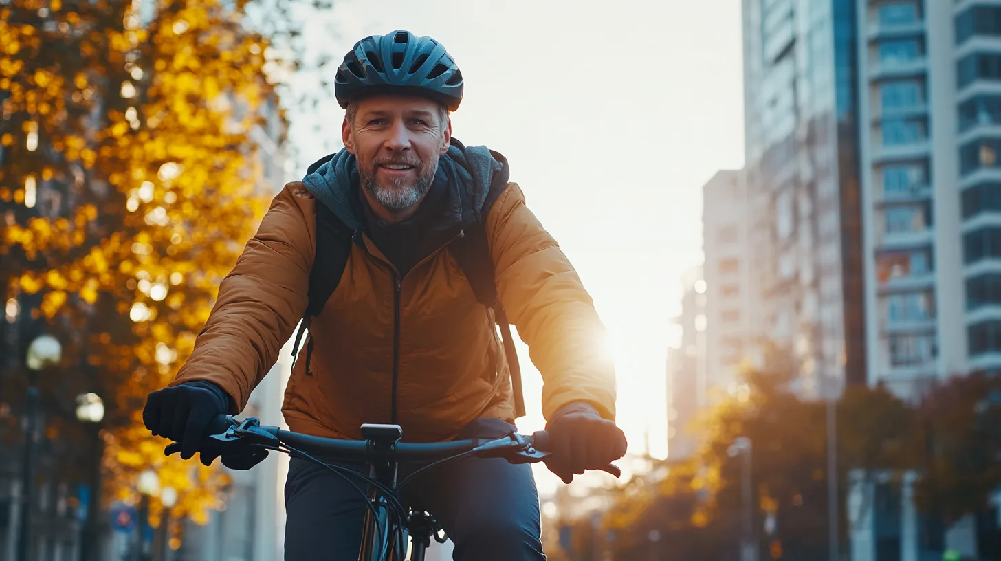 Midcent: En medelålders man cyklar genom stadens gator i höstsolen, iförd hjälm och jacka. Byggnader och gulnande löv i bakgrunden. Motion och frisk luft betonas. Kategori: Hälsa.
