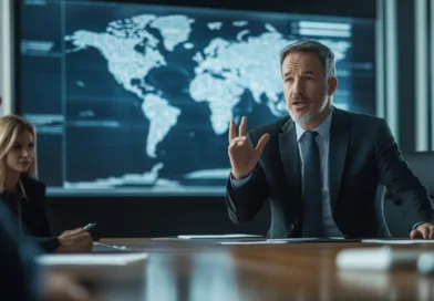Midcent: En medelålders man leder ett affärsmöte i ett modernt konferensrum med en världskarta i bakgrunden. Fokus på strategidiskussion och global affärsplanering. Kategori: Ekonomi.
