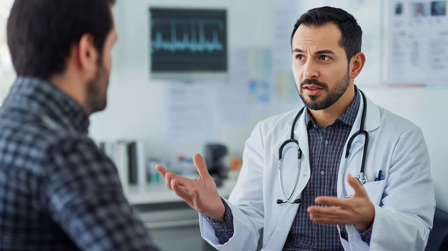 Midcent: En medelålders man som diskuterar hälsa med en läkare i en medicinsk miljö. Viktiga nyckelord inkluderar patientråd, medicinsk konsultation och sjukvård. Kategori: Hälsa.