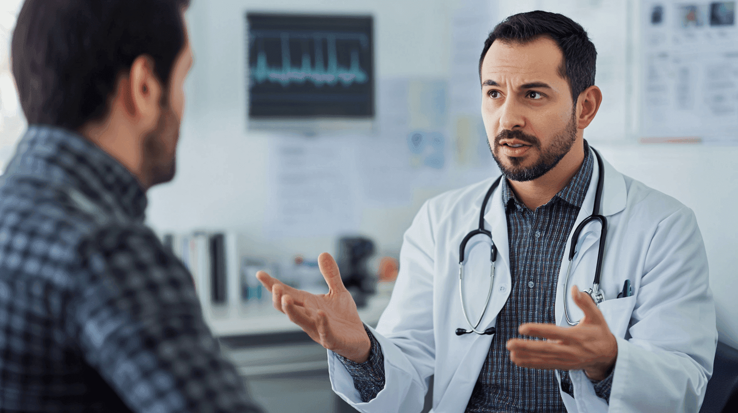 Midcent: En medelålders man som diskuterar hälsa med en läkare i en medicinsk miljö. Viktiga nyckelord inkluderar patientråd, medicinsk konsultation och sjukvård. Kategori: Hälsa.