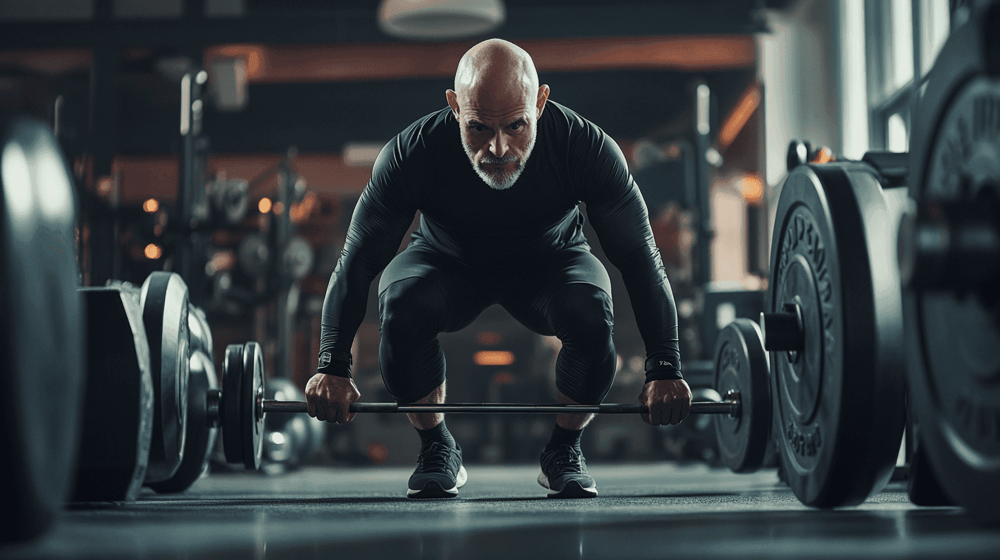 Midcent: En medelålders man tränar intensivt med skivstång på gymmet, symboliserar styrka och uthållighet. Fokuserad blick i en modern träningsmiljö inspirerar till fitness och hälsa. Kategori: Hälsa.