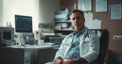 Midcent: En medelålders man i vit läkarrock sitter på sitt kontor omgiven av medicinsk utrustning. Han tycks vara en läkare eller medicinsk professionell. Kategori: Hälsa.