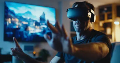 En medelålders man använder ett VR-headset i ett vardagsrum för att uppleva en virtuell värld, vilket visar teknikens påverkan på underhållning i hemmet. Midcent. Kategori: Teknik.