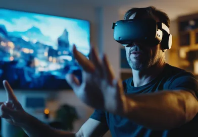 En medelålders man använder ett VR-headset i ett vardagsrum för att uppleva en virtuell värld, vilket visar teknikens påverkan på underhållning i hemmet. Midcent. Kategori: Teknik.