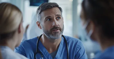 Midcent: En medelålders man i sjukhusmiljö diskuterar med kollegor, klädd i blå scrubs och med stetoskop runt halsen. Fokus på professionellt möte och hälsovård. Kategori: Hälsa.